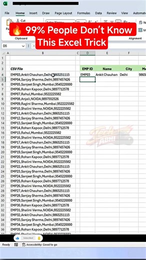 🔥 Excel Trick: CSV Data ko Columns mein Convert Kare 1 Click Magic #excel