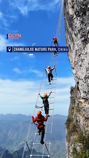 226K views · 1.4K reactions | Adventure seekers in China are flocking to the newly opened “Sky Ladder” (Tianti) at Mount Qixing in Zhangjiajie Nature Park. Stretching 551 feet between cliffs towering 5,000 feet high, this daring climb combines footrests, steel cables, and handrails for a heart-pounding experience. #China #ChinaTravel #SkyLadder #AdventureTourism #Zhangjiajie #ExtremeClimbing | CGTNEurope | Facebook