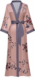 AMITOFO Long Silk Kimono Robes for Women Lightweight Silky Satin Floral Bathrobe Soft Cozy Ladies Housecoat Loungewear