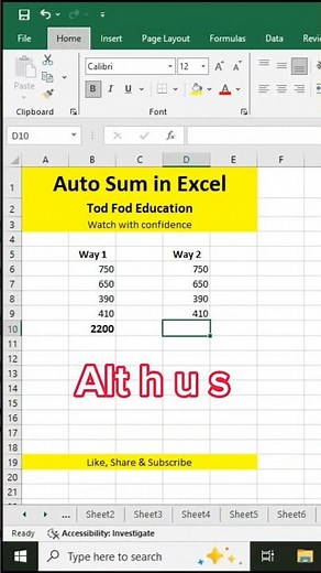 Auto sum Function in Excel #excel #exceltips #exceltricks #excelshortcuts