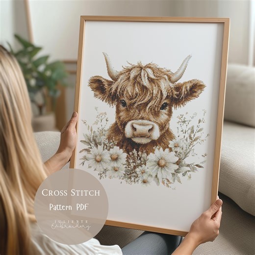 Highland Cow Cross Stitch Pattern PDF, Floral Animal Embroidery Design , Digital Download |72 - Etsy UK