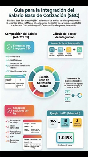 ¿Tu salario ante el IMSS realmente está bien calculado? 👀 El Salario Base de Cotización no solo incluye tu sueldo diario, también puede integrar aguinaldo, primas, comisiones y más prestaciones. 📊💼 En este video te explico qué sí integra, qué conceptos están excluidos por ley y cómo se calcula el famoso factor de integración. Sígueme para aprender más sobre IMSS, nómina y derechos laborales en México. 🚀 #IMSS #SBC #Nomina #RecursosHumanos #segurosocial