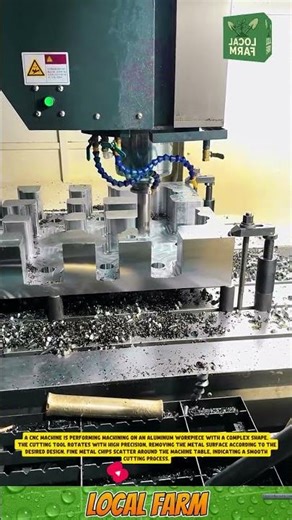 A CNC machine is machining an aluminum workpiece with a complex shape