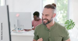 Computer, success and applause of business man celebrating goals, targets or office achievements. Winner, yes victory and male employee clapping to celebrate winning on stock market, bonus or reward