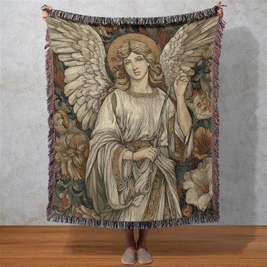 Angel Woven Blanket, Sacred Religious Tapestry, Floral Wall Hanging, Spiritual Home Decor - Etsy