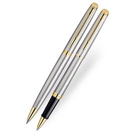 Waterman Hemisphere Stainless Steel Gold Trim Rollerball & Ballpoint Pen Set