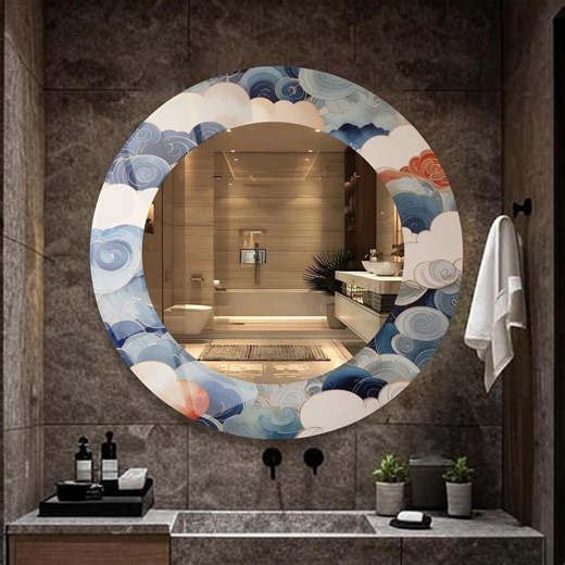 Japanese Wave Round Wall Mirror, Blue Cloud Art Glass Mirror, Zen Bathroom Vanity Mirror, Minimal Spa Home Decor Mirror - Etsy