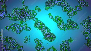 A realistic animation imitating a view through a microscope, with many microbes moving on a blue background. Motion. Concept of biology and medicine.