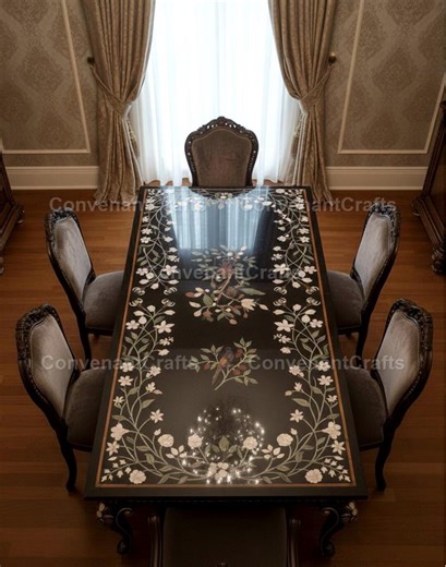 Luxury Rectangular Marble Table Top– Royal Mughal Art, Black Marble Pietra Dura Inlay Dining Table Top, Handcrafted Floral & Bird Design Art - Etsy