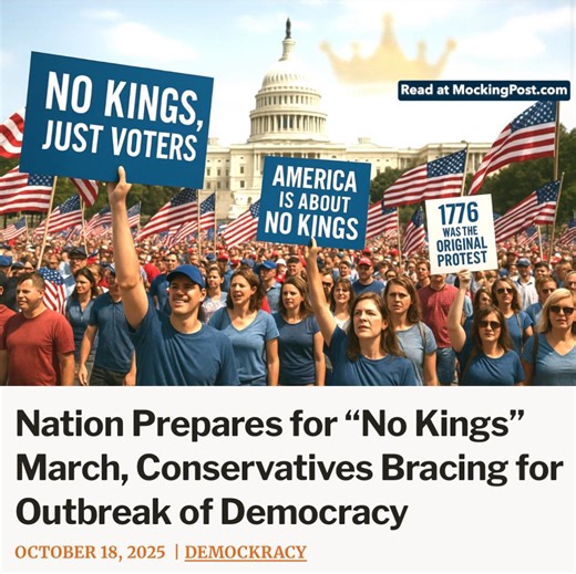 Officials brace for the “No Kings” March as conservatives warn of mass democracy exposure and protesters prepare to celebrate America’s original rebellion. https://mockingpost.com/nation-prepares-for-no-kings-march-conservatives-bracing-for-outbreak-of-democracy/ #culture #democracy #freedom #nokings #politics #satire | The Mocking Post