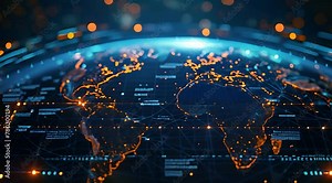 A blue and yellow world map is displayed, highlighting continents, countries, and oceans. The colors provide a clear distinction, making it easy to identify different regions and geographical features