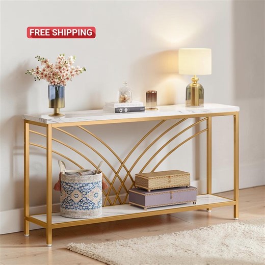 Faux Marble Console Table With Gold Frame – Two Tier Entryway Sofa Table - Etsy