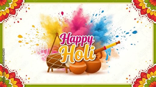 Vibrant explosion of colorful Holi powder dust captures the festive spirit alongside traditional Indian musical instruments and water cannons for celebration