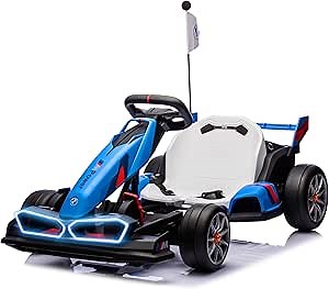 FORESEE 24V Licensed BMW Kids Electric Go Kart, Battery Powered Drift Kart w/Adjustable Seat, Ride On Toy for Big Kids Ages 6+, 7.5MPH Racing Go Cart w/400W Motor, LED Lights & Safety Belt, Blue