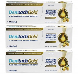 Denttach Gold Ultra Secure Denture Adhesvie, Petroleum Free Olive Oil Based Premium Dental Adhesive for Full and Partial Dentures, Zinc Free 2.4 Ounce