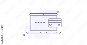 laptop 4k video animation with emerging credit card and password sign. e commerce shopping laptop animated outline icon. for web design, mobile apps, ui design