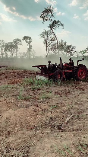 Red Tractor Working in Rural Fields