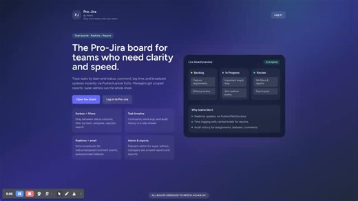 How Pro-Jira Works | Product Walkthrough & User Journey (13 Minutes) | Laravel | Inertia.js | Vue 3 | Filament 🚀 Built with Laravel, Inertia.js, Filament and Vue 3, Pro-Jira is a task management product designed around real user and admin workflows. This walkthrough focuses on how the product is used end-to-end — managing tasks, tracking work, viewing reports, and administering teams and statuses. ✅ Key Features: - Kanban-style task board with status columns - Task creation, assignment, and pri