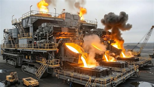 Vulcan Foundry Mover – Mobile Metal Plant. Flames bursting from vents as molten metal flows into molds. | Wow Things