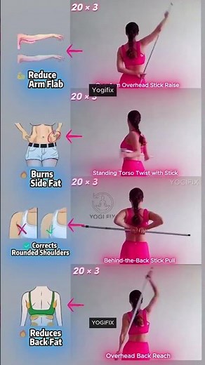 Reduce Arm Flab, Burn Side Fat & Back Fat | 4 Stick Exercises for Posture & Toning