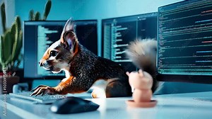 Squirrel typing on a computer keyboard in front of coding screens. Concept of technology, programming, and humor. Stock Video