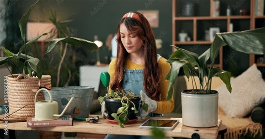 Woman, ph meter and dead plant with workshop, study and gardening tutorial with soil probe. Influencer, greenery and diy for home decor, green research and nature for eco friendly sustainability