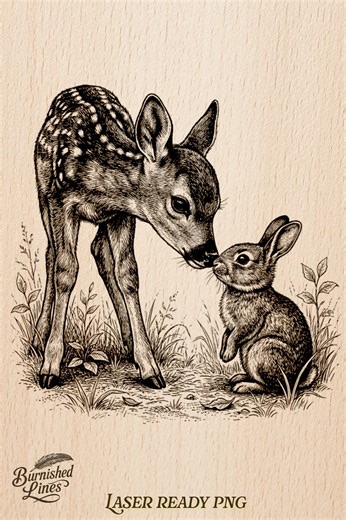 Fawn and Rabbit | Woodland Nursery Decor | Laser Engrave File | Cute Animal Art | Pyrography Pattern | Lightburn Ready - Etsy