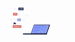 Animated coding on laptop object. Programming languages. Full sized flat elements HD video footage with alpha channel. Color cartoon style illustration on transparent background for animation