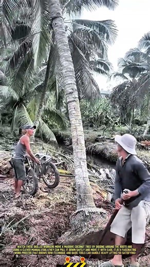 Daily Worker Process of Uprooting and Moving a Tall Coconut Tree