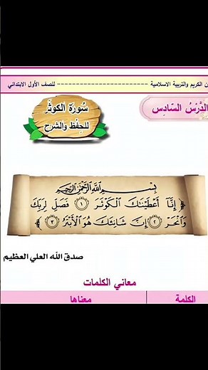 سورة الكوثر اول ابتدائي اسلامية ص ١٩