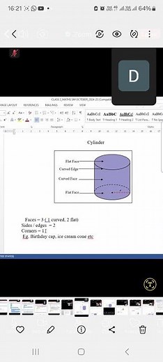 What is a cylinder? How many sides edges curved face and flat face does it have?