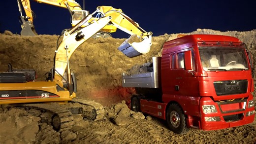 RC Trucks and Excavators Shine at Night