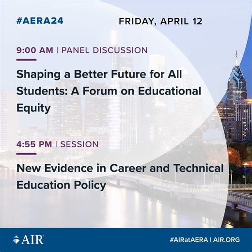 It's #AERA24 time! 💫 More than 90 of AIR's #education experts will be in Philadelphia this week sharing insights from their research and policy work at the @American Educational Research Association Annual Meeting. See highlighted sessions and learn how you can register for our Friday forum on educational #equity and our Saturday evening networking reception. https://www.air.org/news/press-release/air-research-and-policy-experts-present-american-educational-research | American Institutes for Re