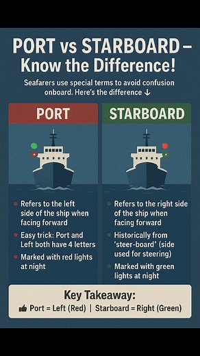 🚢⚓ PORT vs STARBOARD – Know the Difference! 🌊 Onboard ships, clear communication saves lives. That’s why seafarers use terms like Port (Left, Red) and Starboard (Right, Green) to avoid confusion at sea. ✅ Quick Tip: Port & Left both have 4 letters – easy to remember! ✅ Red = Port (Left) | Green = Starboard (Right) Keep learning, keep sailing smarter! 🌍✨ --- #MaritimeKnowledge #SeafarersLife #PortVsStarboard #SailorsAndShips #MerchantNavyLife #SeafarersWorld #ShipNavigation #MaritimeAwareness