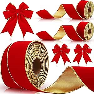Yungyan 3 Rolls 30 Yards Christmas Velvet Ribbon with Gold Edge 2.5 Inch Wide Wired Holiday Decorative Ribbon Fabric Ribbons for Xmas Tree Bow Wreath Making Gift Wrapping Craft(Red,Gold)