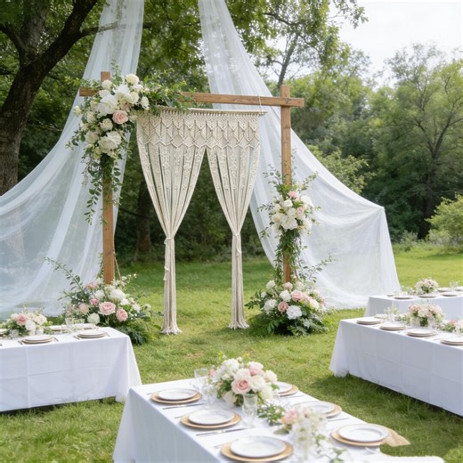 Boho Macrame Wedding Arch Backdrop, Handwoven Cotton Ceremony Arbor Curtain, Rustic Outdoor Decor