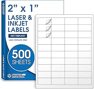 2" X 1" Matte White Printable Address Labels (500 Sheets, 20000 Labels) Mailing Labels and Barcod Stickers for Laser & Inkjet Printers - Spartan Industrial Template R005