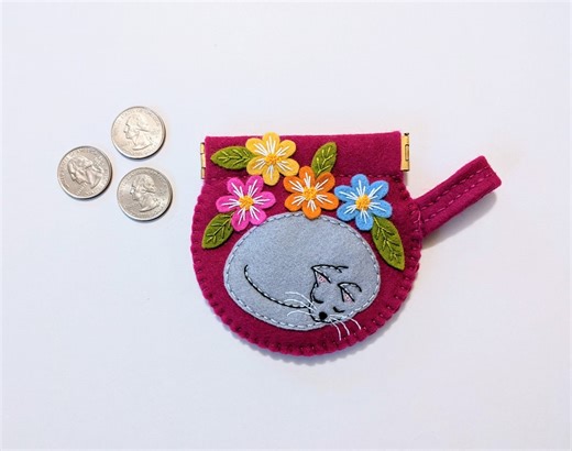Handmade Wool Felt Coin Purse, Sleeping Cat Applique - Etsy