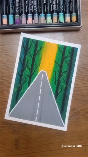 🛣️Simple & Easy Beautiful Road Scenery Drawing | Oil Pastels Landscape Art Tutorial