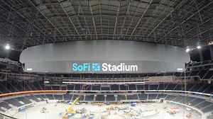 The video board rises at SoFi Stadium