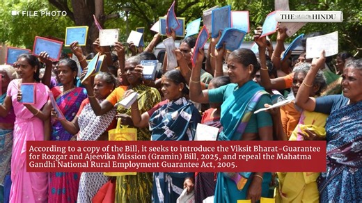 The Union government is set to introduce the “Viksit Bharat—Guarantee For Rozgar And Ajeevika Mission (Gramin)” bill, which aims to replace the Mahatma Gandhi National Rural Employment Guarantee Act, 2005 (MGNREGA), during the ongoing winter session of Parliament. The new legislation enhances the number of workdays from 100 to 125, while simultaneously increasing the financial burden on states and dismantling the demand-driven structure of the existing law. | The Hindu