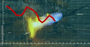 Red line graph animation over heatmap data visualization on grid background