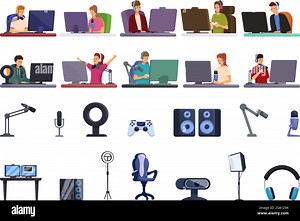 Streamer character icons set cartoon vector. Game video computer. Channel process media. Streamer character icons set cartoon vector. Game video computer Stock Vector Image & Art - Alamy