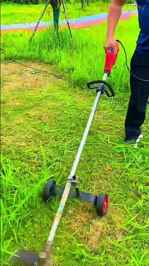 cutting tall green grass smoothly using a wheeled electric string trimmer lawn mower tool outdoors