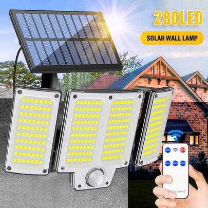 LiHangStar 1/2pcs 280LED Solar Wall Light, Outdoor Solar String Lights With Motion Sensor And Separate Solar Panel, Multi-Mode, Remote Control 3 Head Solar Floodlight, Suitable For Yard, Garage, Porch, Driveway | SHEIN