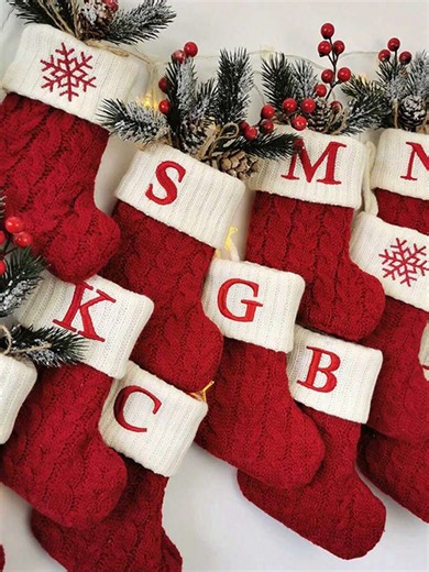 1pc 10inch Red Knit Christmas Stocking, Xmas English Letters Snowflake Hanging Stockings, For Christmas Party Decoration 2026 New Year Party Favors Supplies, Christmas Room Decoration, Personalized Initial Christmas Stocking, Family Holiday Xmas Home Room Decor