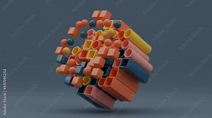 Loop abstract 3d animation of a set of pipes and a square profile from which cubes and balls fly out and return. Geometric abstract animation.