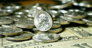 US Dollar Coins and Banknotes: Symbol of American Currency, Finance, and Economic Power. US Currency & Economic Strength