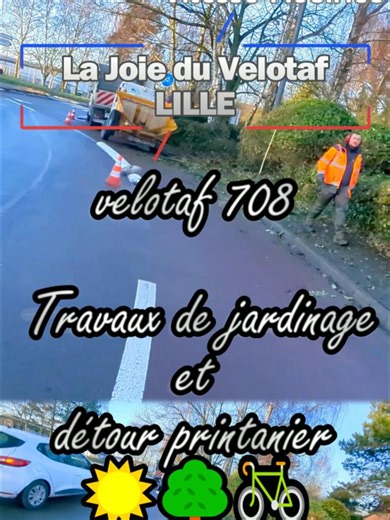 velotaf 708 Travaux de jardinage et détour printanier ☀️🌳🚲 Par cette belle matinée ensoleillée, le service d'entretien est à l'œuvre pour nous refaire un joli bosquet. C'est pour la bonne cause ! Je fais donc un petit détour par la route pour leur laisser l'espace nécessaire. Il faut bien ça pour qu'au printemps, tout soit bien propre et agréable sur mon trajet. Un petit changement d'itinéraire temporaire pour un futur cadre de route verdoyant, je valide avec plaisir ! ✨🌱 J'apprécie de voir l