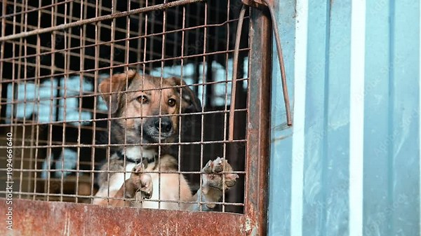 Dog in a cage. Sad dog waiting for adoption in a shelter. Portrait of homeless dog in animal shelter cage.